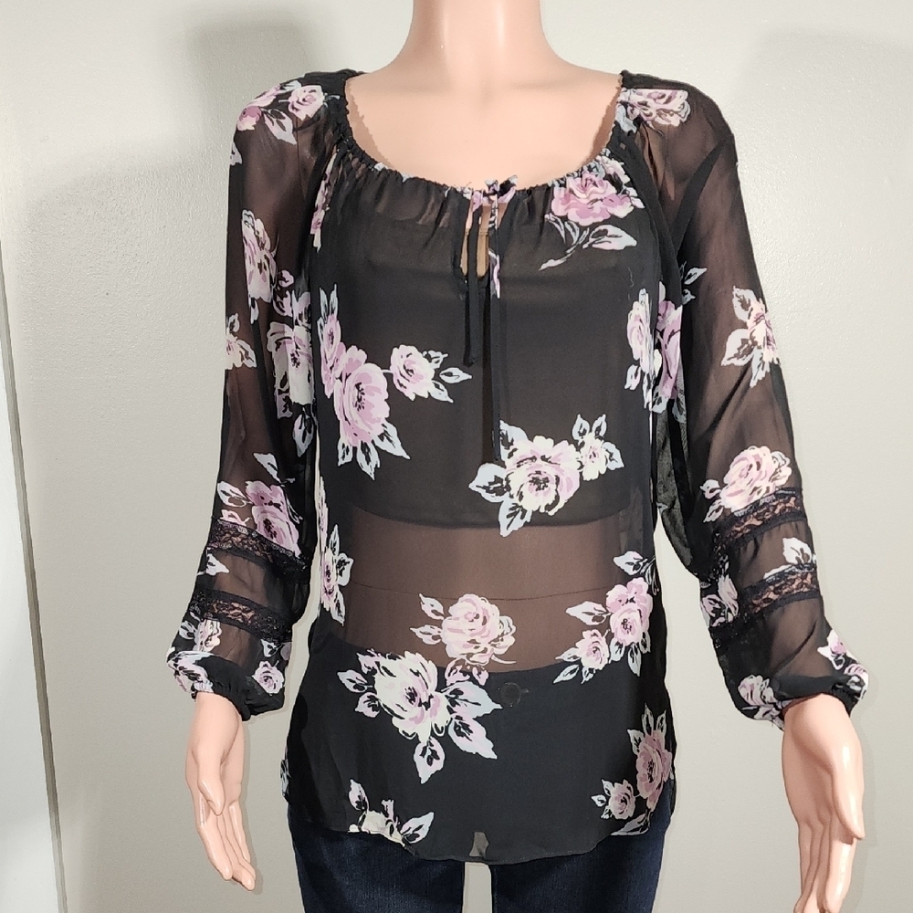 LC Lauren Conrad Black Blouse with Pink Floral Pattern